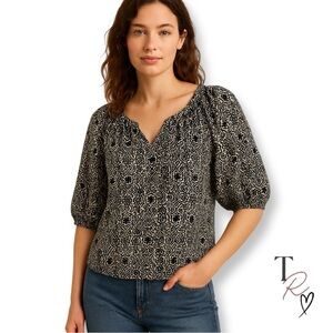 GAP Black & White Boho Floral Metallic Print Puff Sleeve Blouse Size Large